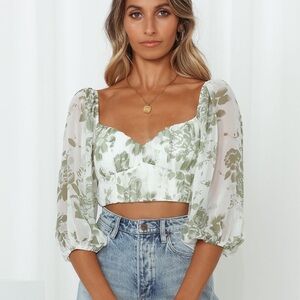 HELLO MOLLY Pretty Polly Green White Floral Tie Back Crop Top with Sleeves XS